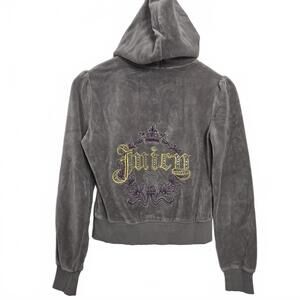 Juicy Couture Velour Jacket Large Gray Sequin Hoodie Track Y2K Spellout Crown